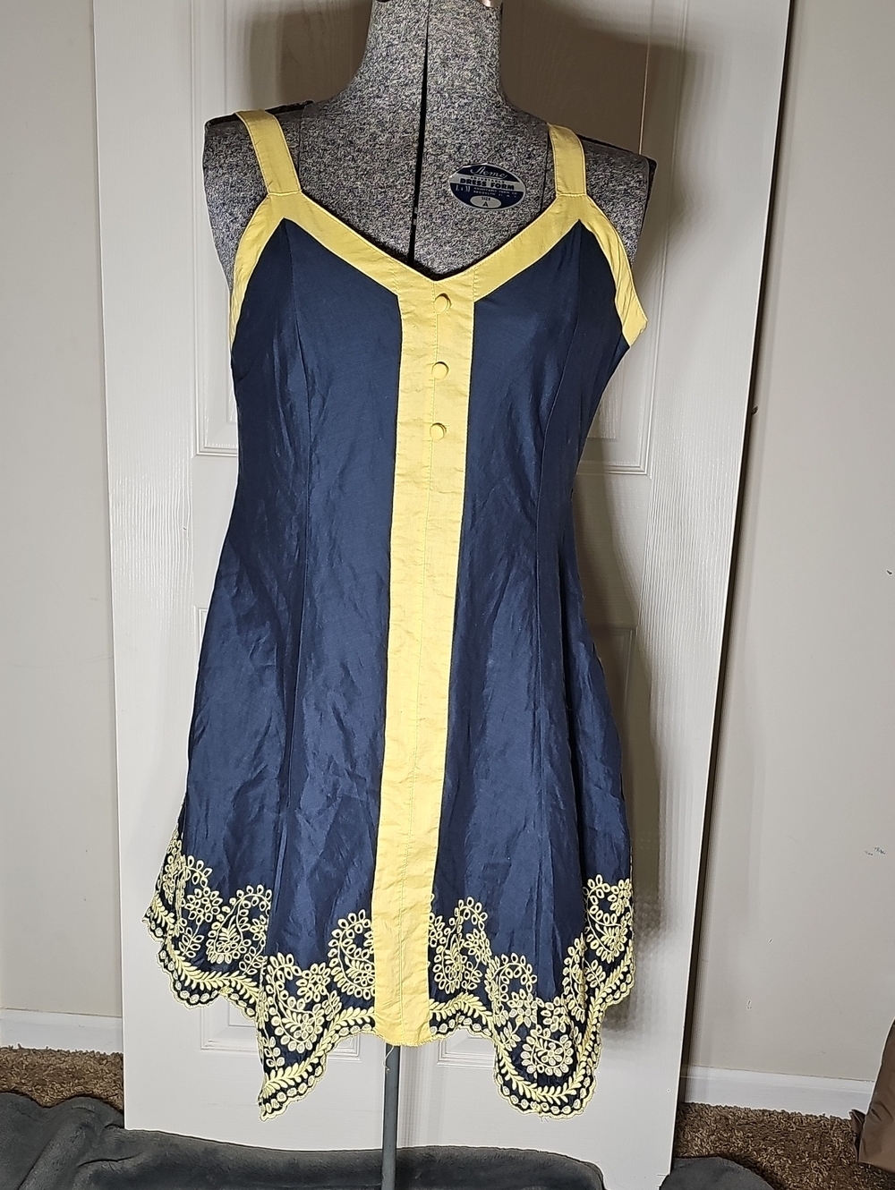 Aryeh Navy Blue Yellow Embroidered 100% Cotton Sundress Eyelet Hem Size S